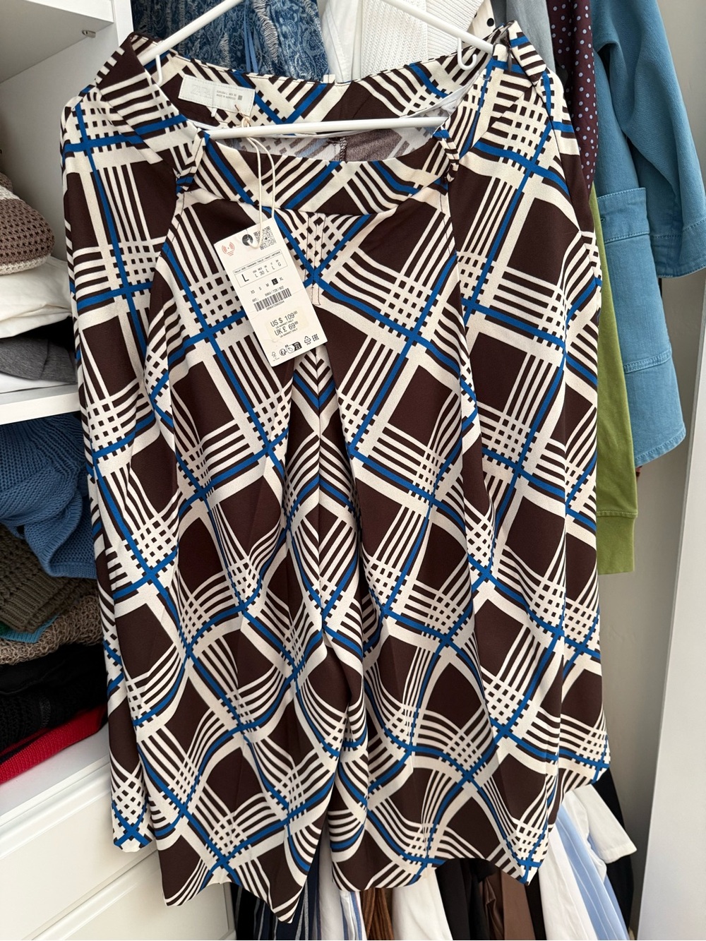 Women’s Brown Geometric Print long Skort with Blue Accents Sz L NWT